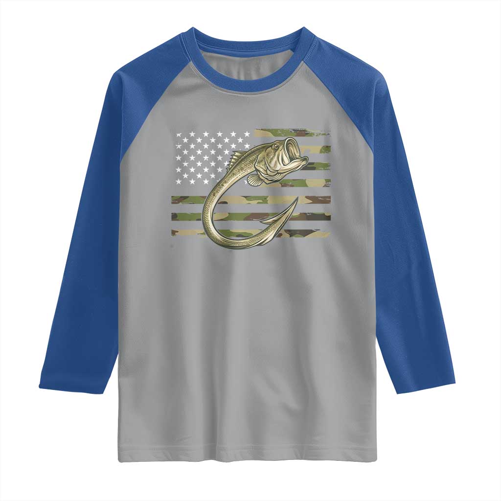 Camo Fish Hook Fishing Raglan Shirt Patriotic US Flag Fisherman Camouflage Bass Fishing - Wonder Print Shop