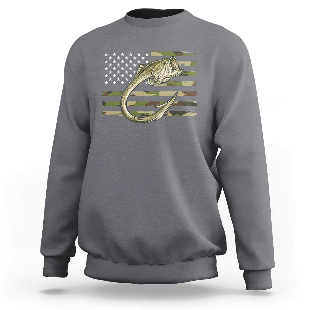 Camo Fish Hook Fishing Sweatshirt Patriotic US Flag Fisherman Camouflage Bass Fishing - Wonder Print Shop