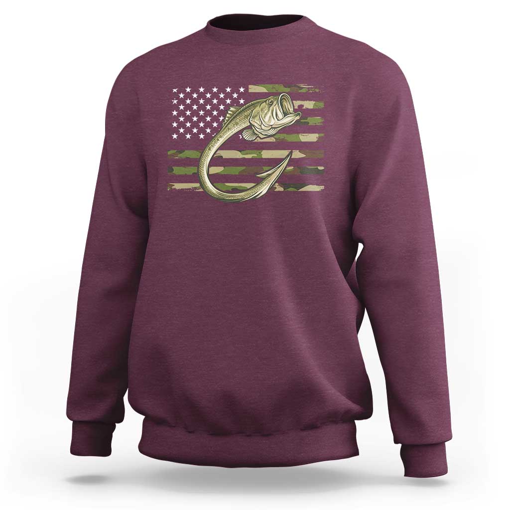 Camo Fish Hook Fishing Sweatshirt Patriotic US Flag Fisherman Camouflage Bass Fishing - Wonder Print Shop