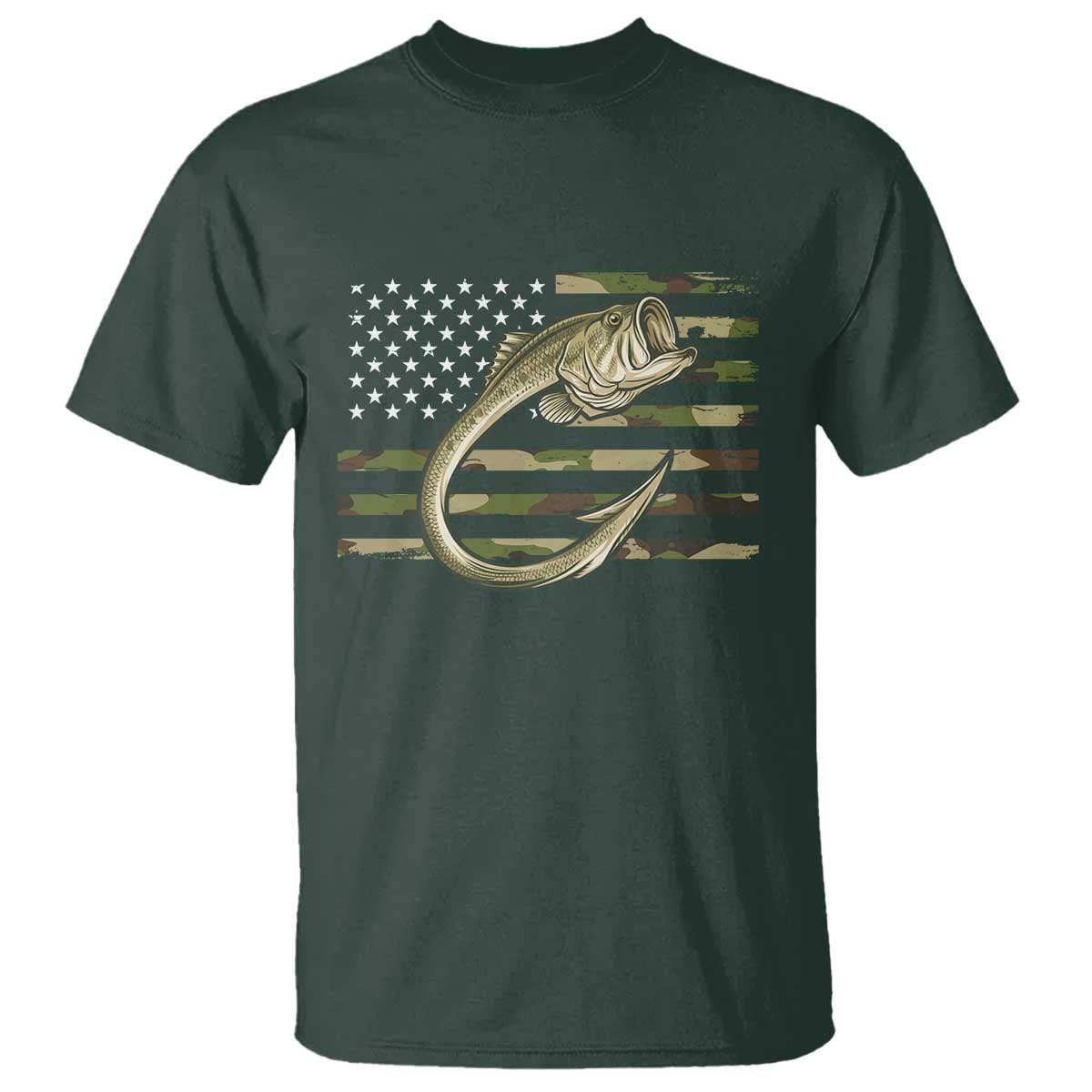 Camo Fish Hook Fishing T Shirt Patriotic US Flag Fisherman Camouflage Bass Fishing - Wonder Print Shop
