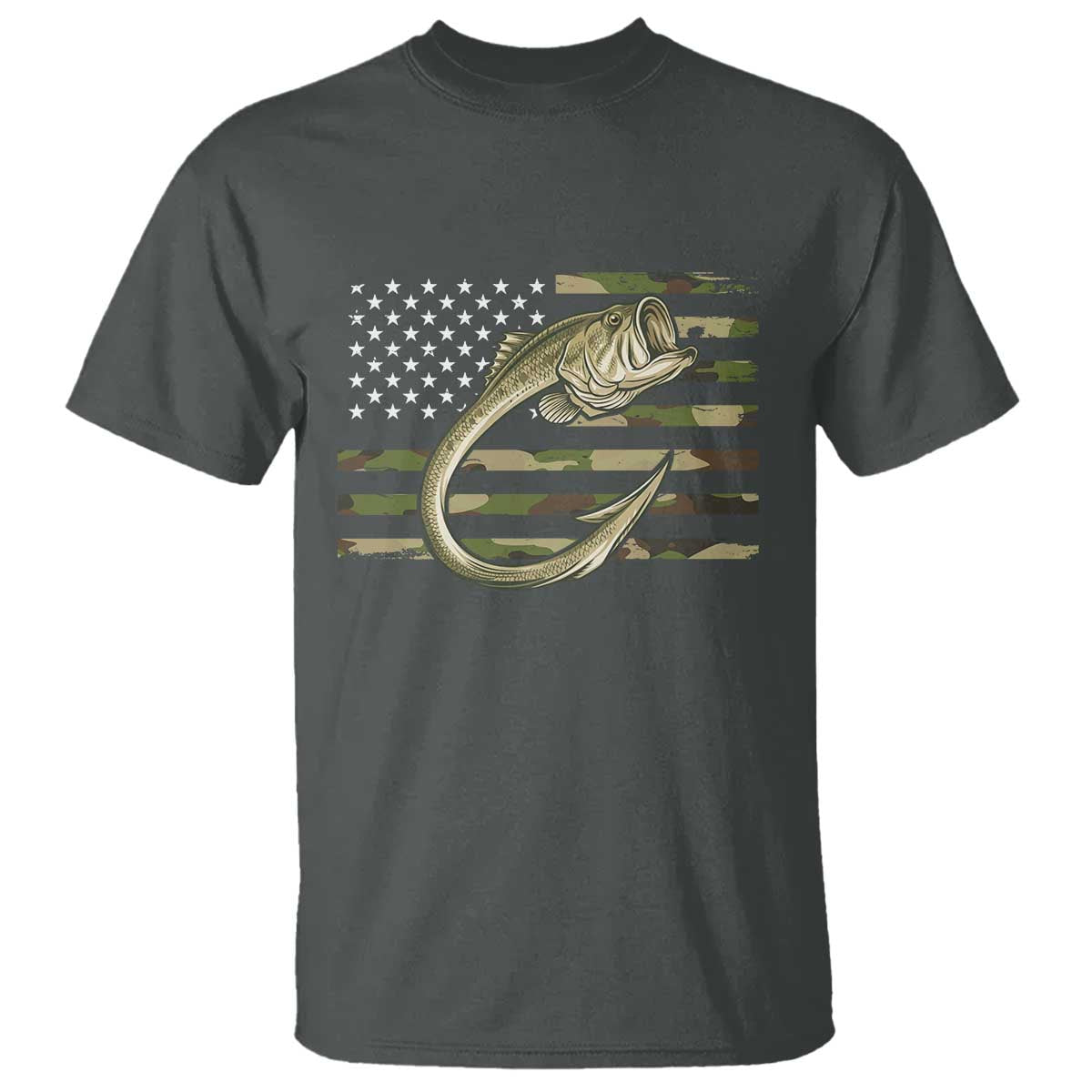 Camo Fish Hook Fishing T Shirt Patriotic US Flag Fisherman Camouflage Bass Fishing - Wonder Print Shop