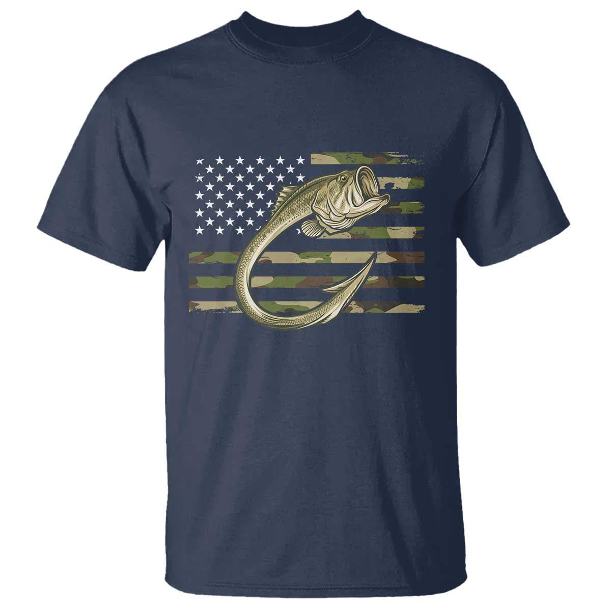 Camo Fish Hook Fishing T Shirt Patriotic US Flag Fisherman Camouflage Bass Fishing - Wonder Print Shop