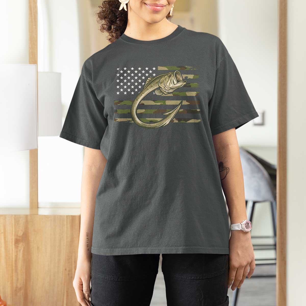 Camo Fish Hook Fishing T Shirt For Women Patriotic US Flag Fisherman Camouflage Bass Fishing - Wonder Print Shop