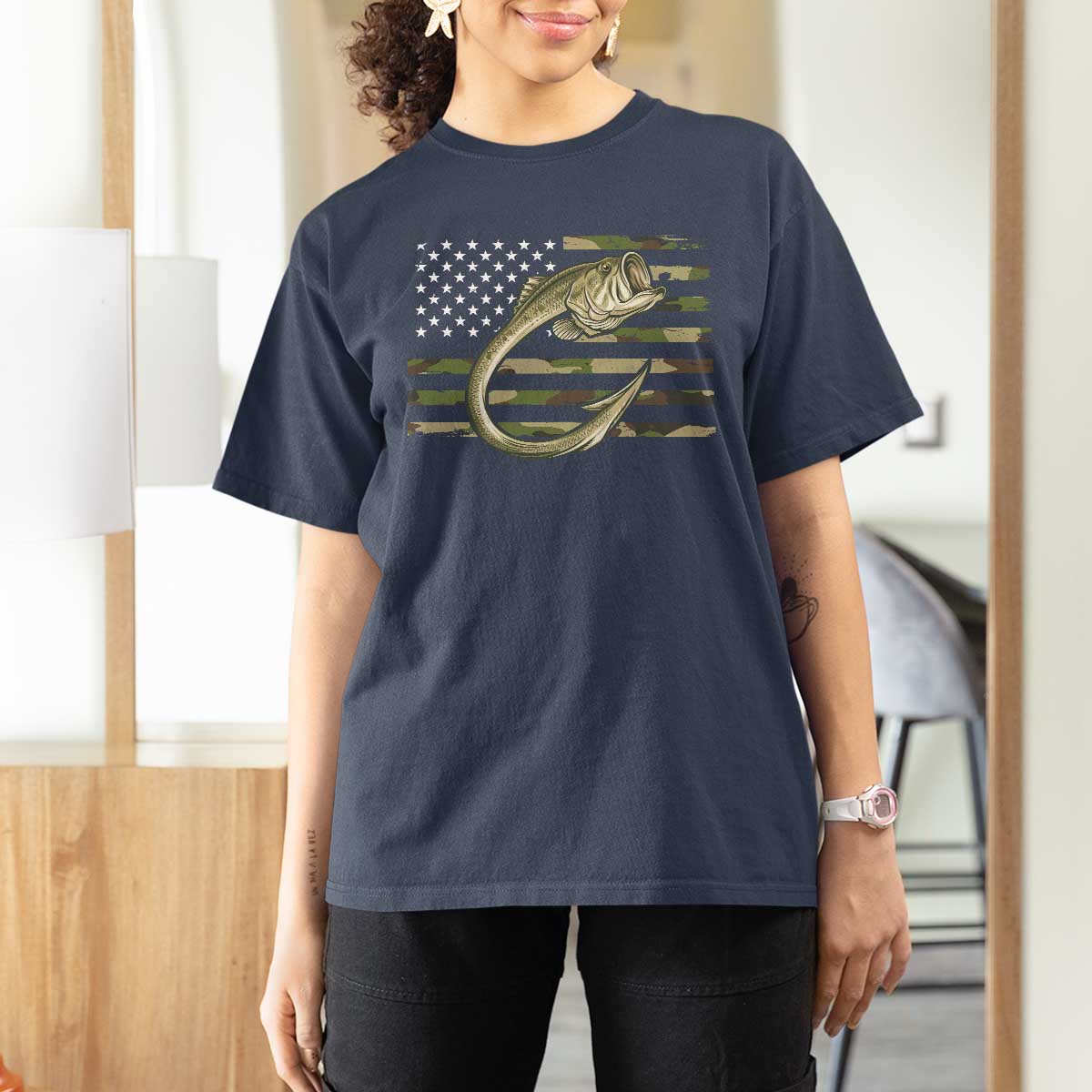 Camo Fish Hook Fishing T Shirt For Women Patriotic US Flag Fisherman Camouflage Bass Fishing - Wonder Print Shop