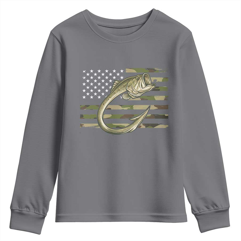 Camo Fish Hook Fishing Youth Sweatshirt Patriotic US Flag Fisherman Camouflage Bass Fishing - Wonder Print Shop