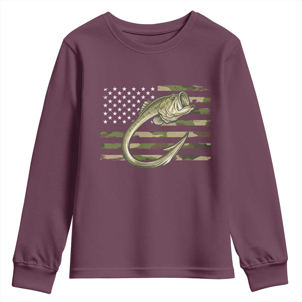 Camo Fish Hook Fishing Youth Sweatshirt Patriotic US Flag Fisherman Camouflage Bass Fishing - Wonder Print Shop