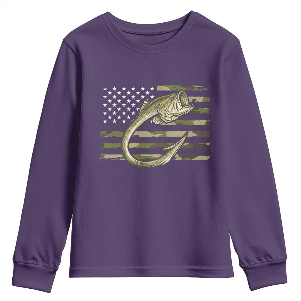 Camo Fish Hook Fishing Youth Sweatshirt Patriotic US Flag Fisherman Camouflage Bass Fishing - Wonder Print Shop