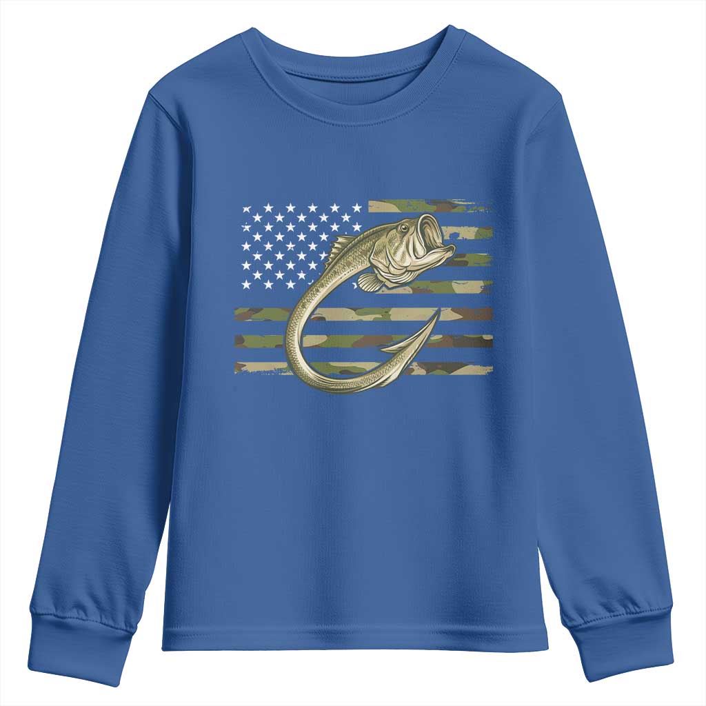 Camo Fish Hook Fishing Youth Sweatshirt Patriotic US Flag Fisherman Camouflage Bass Fishing - Wonder Print Shop