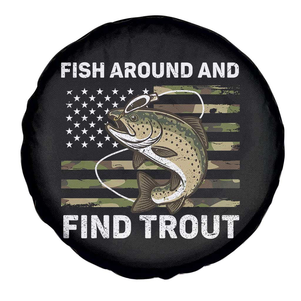 Fish Around and Find Trout Spare Tire Cover Camo Bass Fishing Meme US Flag Punny Pun Dad - Wonder Print Shop