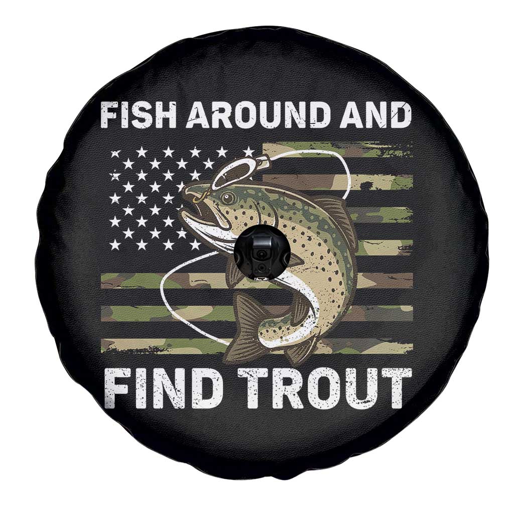Fish Around and Find Trout Spare Tire Cover Camo Bass Fishing Meme US Flag Punny Pun Dad - Wonder Print Shop