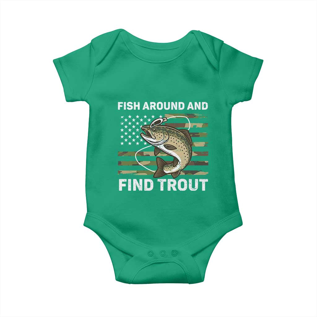 Fish Around and Find Trout Baby Onesie Camo Bass Fishing Meme US Flag Punny Pun Dad - Wonder Print Shop