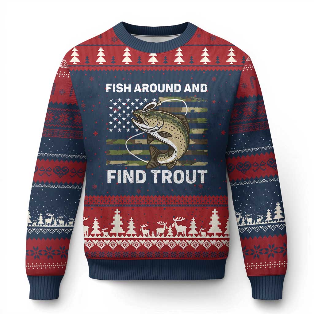 Fish Around and Find Trout Ugly Christmas Sweater Camo Bass Fishing Meme US Flag Punny Pun Dad - Wonder Print Shop
