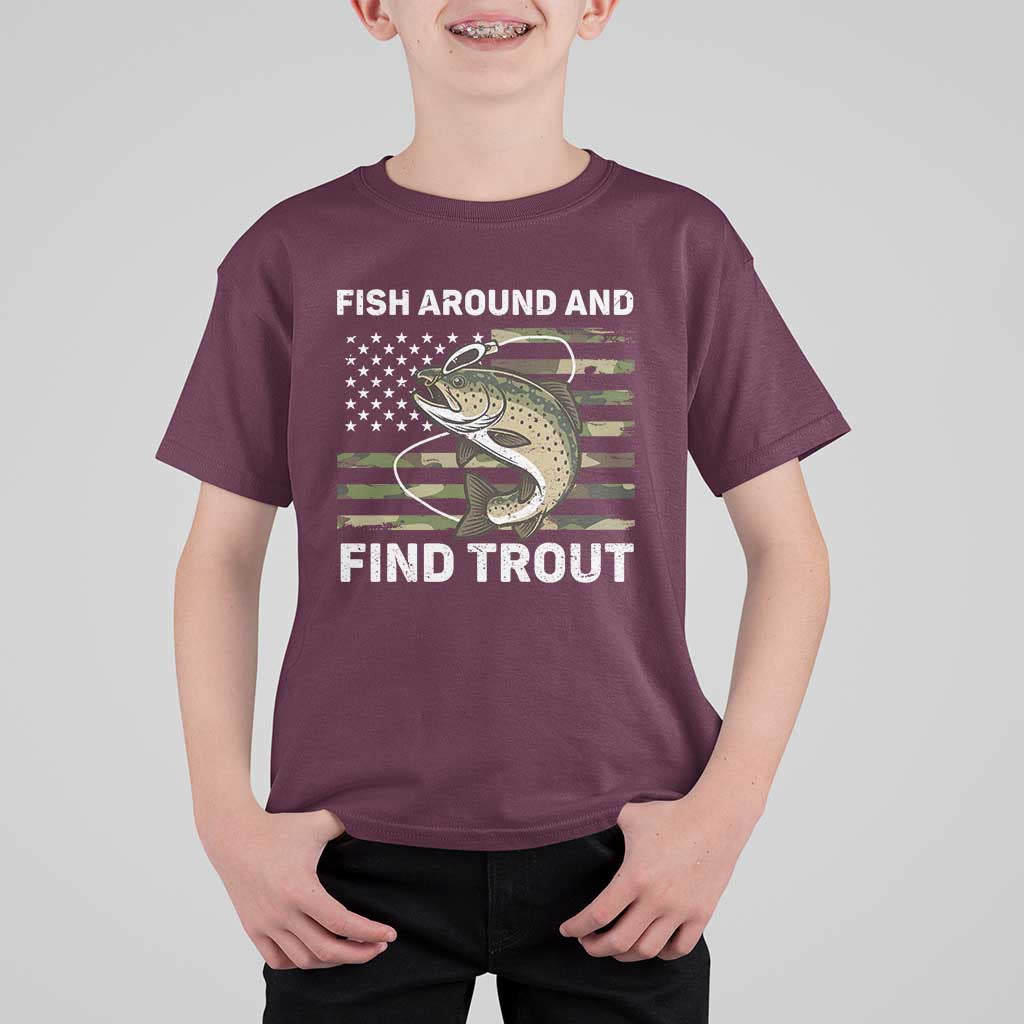 Fish Around and Find Trout T Shirt For Kid Camo Bass Fishing Meme US Flag Punny Pun Dad - Wonder Print Shop