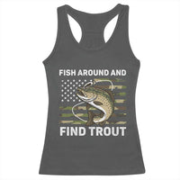 Fish Around and Find Trout Racerback Tank Top Camo Bass Fishing Meme US Flag Punny Pun Dad - Wonder Print Shop