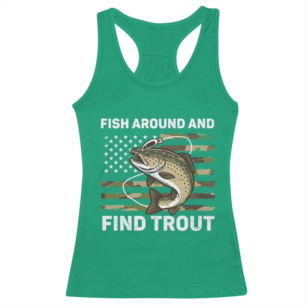 Fish Around and Find Trout Racerback Tank Top Camo Bass Fishing Meme US Flag Punny Pun Dad - Wonder Print Shop