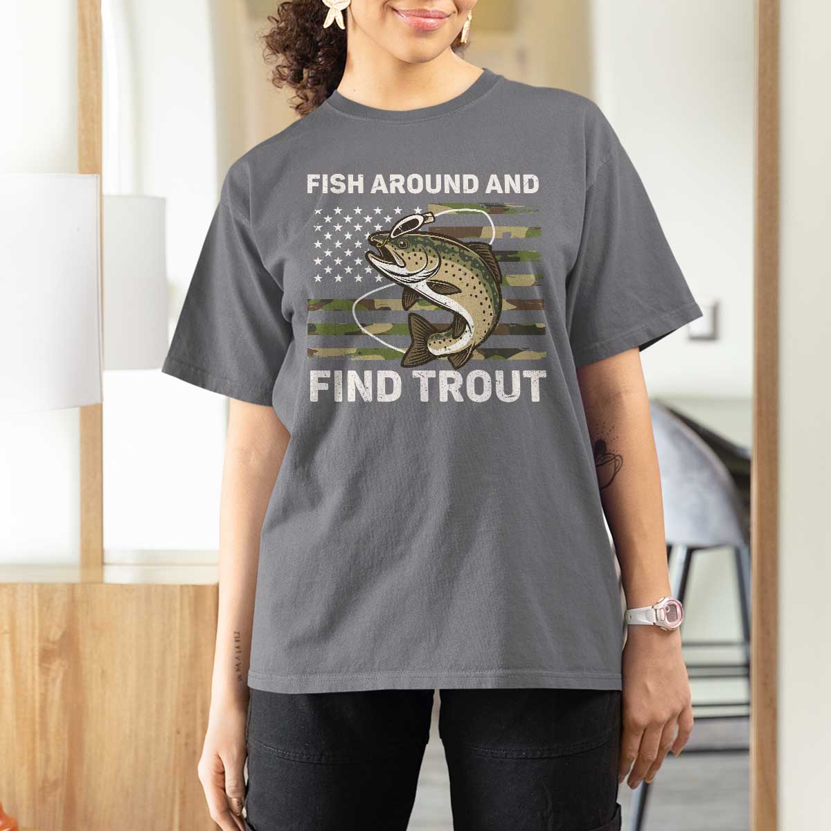 Fish Around and Find Trout T Shirt For Women Camo Bass Fishing Meme US Flag Punny Pun Dad - Wonder Print Shop