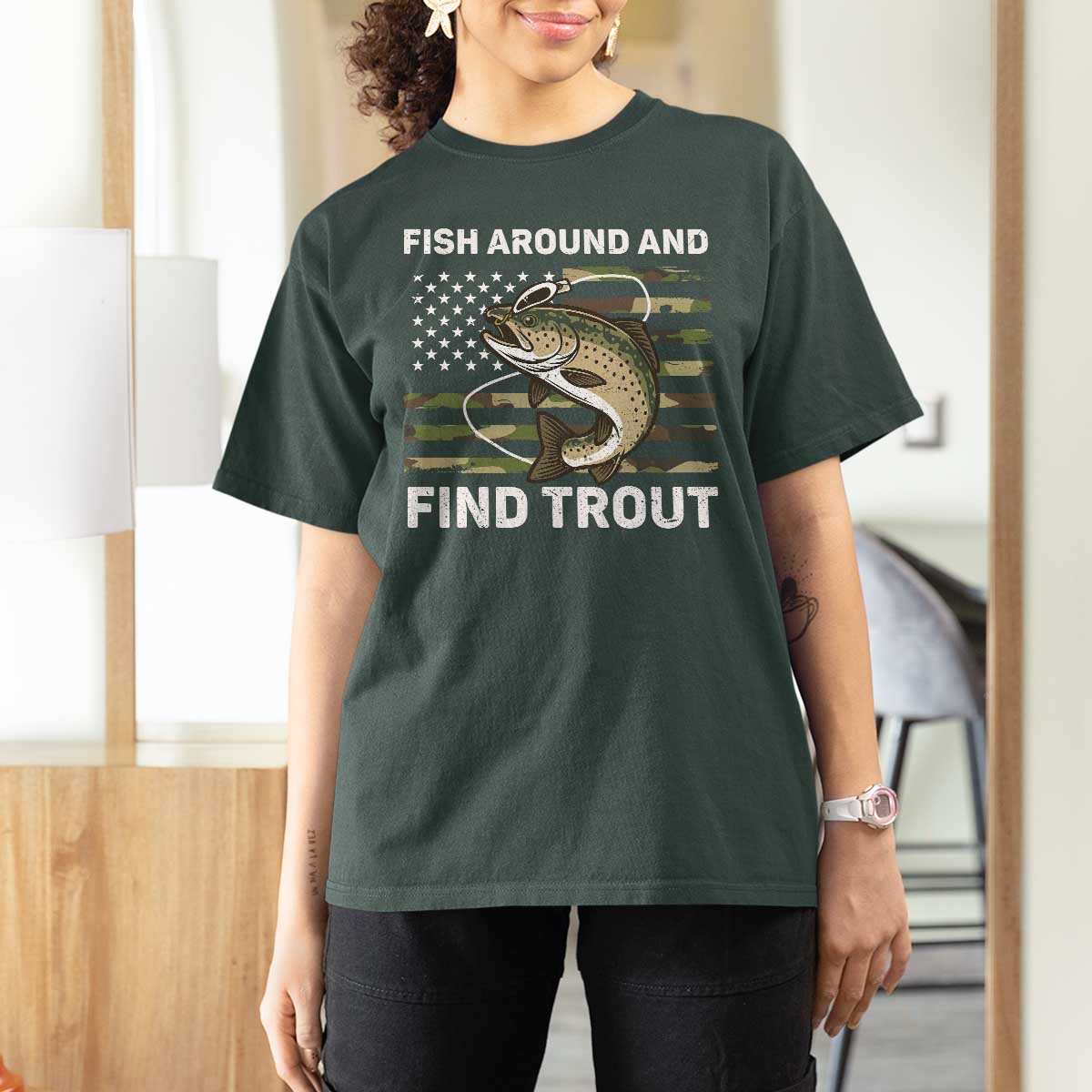 Fish Around and Find Trout T Shirt For Women Camo Bass Fishing Meme US Flag Punny Pun Dad - Wonder Print Shop