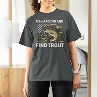 Fish Around and Find Trout T Shirt For Women Camo Bass Fishing Meme US Flag Punny Pun Dad - Wonder Print Shop