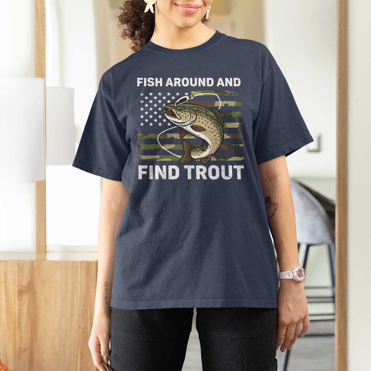 Fish Around and Find Trout T Shirt For Women Camo Bass Fishing Meme US Flag Punny Pun Dad - Wonder Print Shop