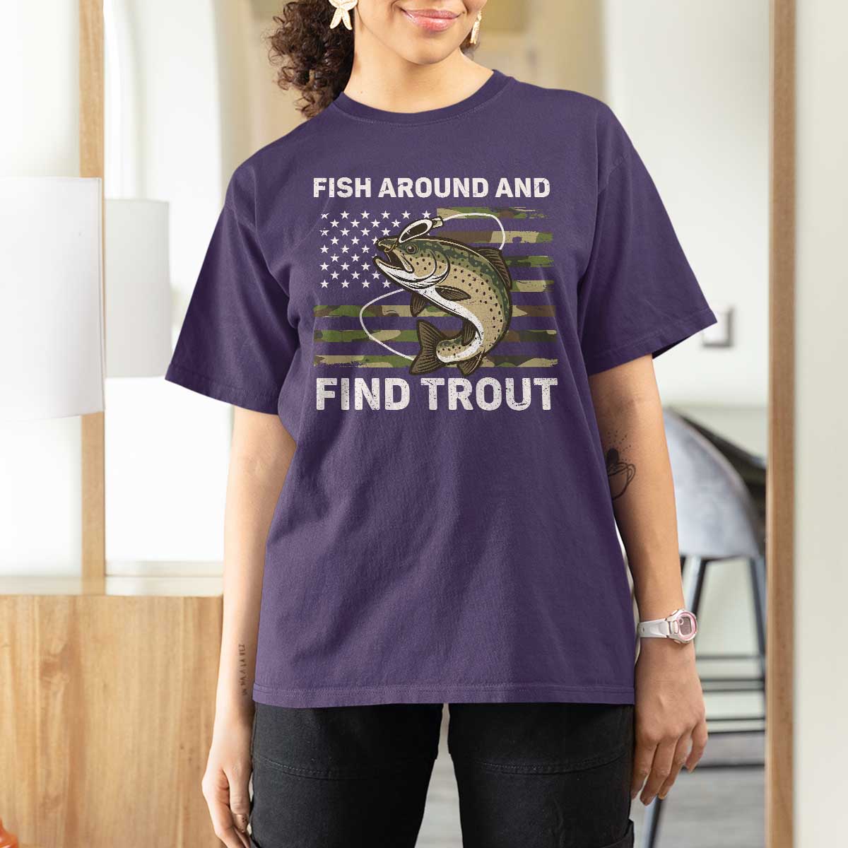 Fish Around and Find Trout T Shirt For Women Camo Bass Fishing Meme US Flag Punny Pun Dad - Wonder Print Shop