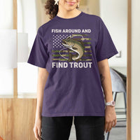 Fish Around and Find Trout T Shirt For Women Camo Bass Fishing Meme US Flag Punny Pun Dad - Wonder Print Shop