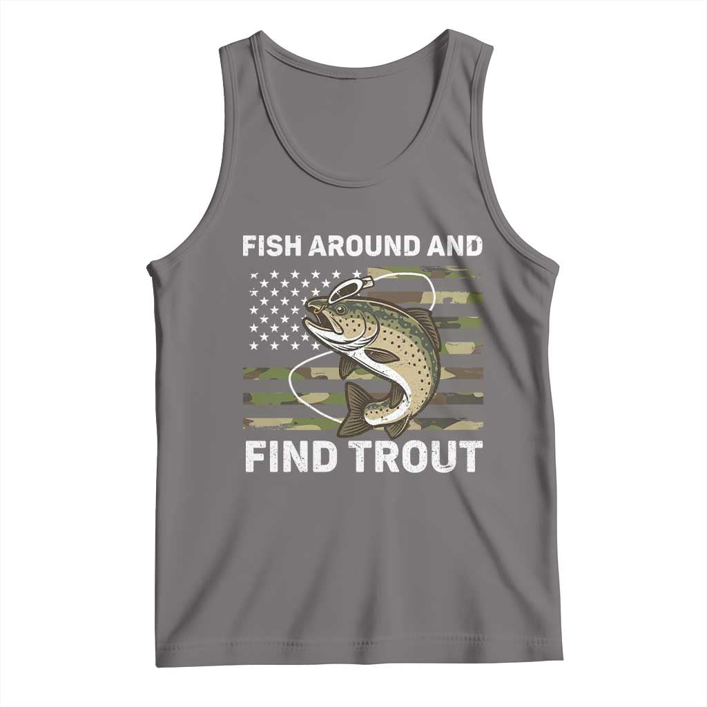 Fish Around and Find Trout Tank Top Camo Bass Fishing Meme US Flag Punny Pun Dad - Wonder Print Shop