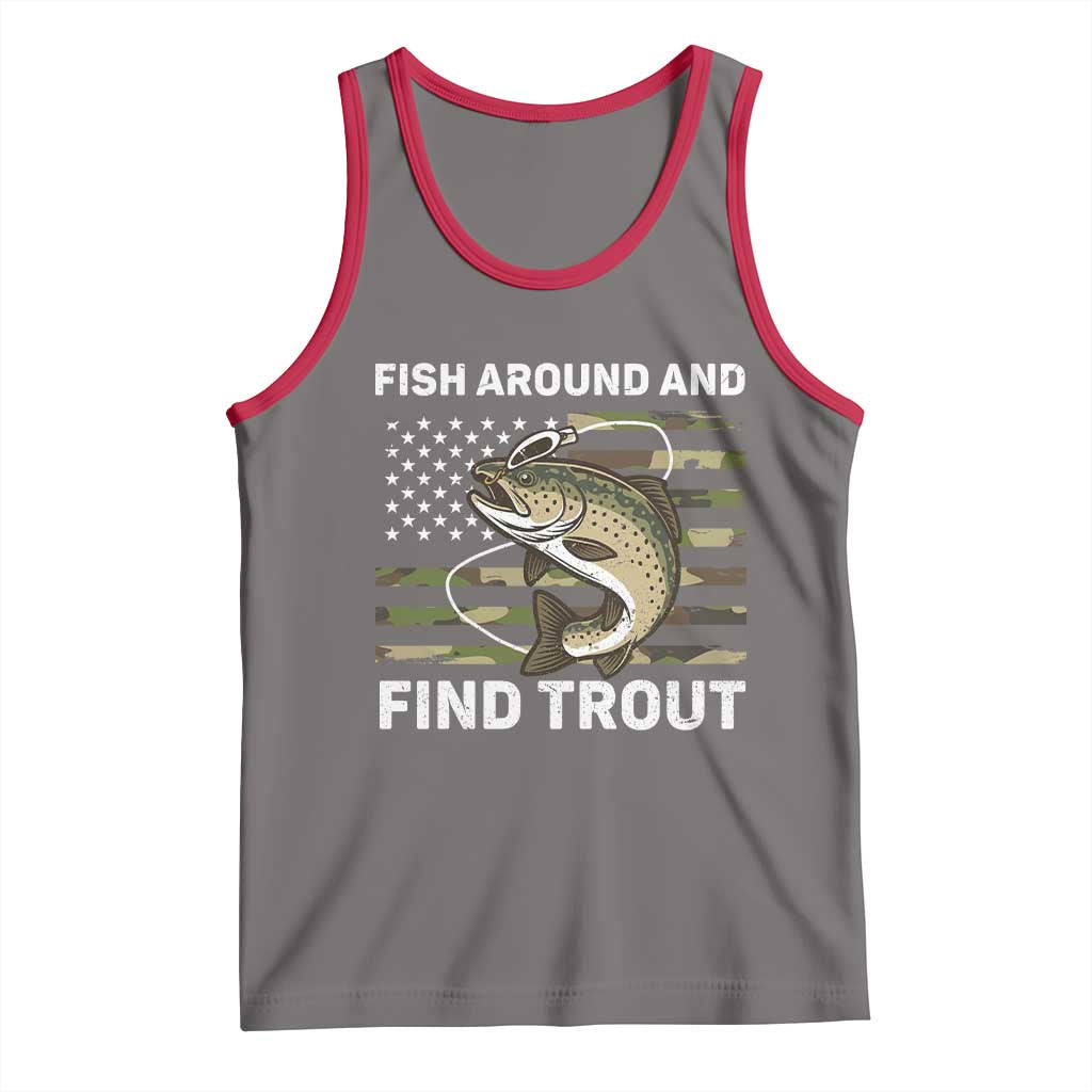 Fish Around and Find Trout Tank Top Camo Bass Fishing Meme US Flag Punny Pun Dad - Wonder Print Shop