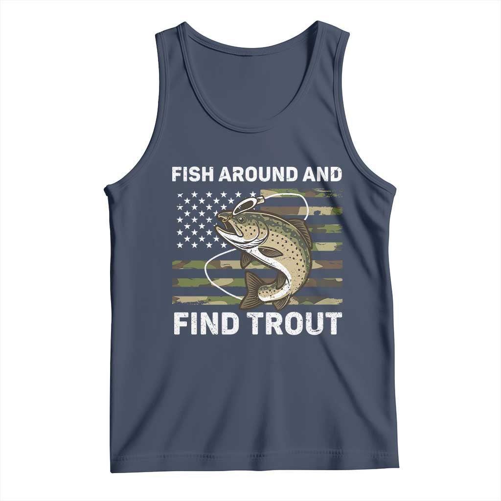 Fish Around and Find Trout Tank Top Camo Bass Fishing Meme US Flag Punny Pun Dad - Wonder Print Shop