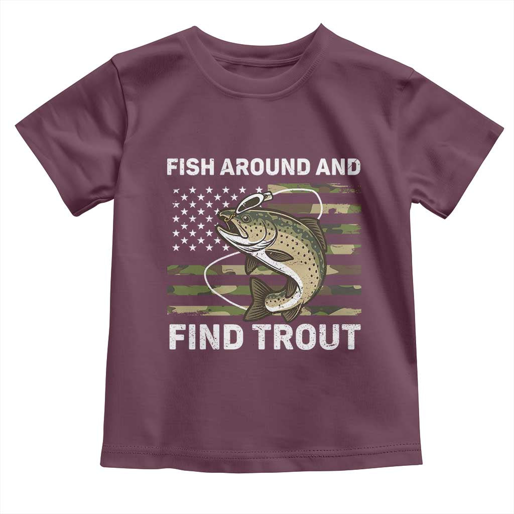 Fish Around and Find Trout Toddler T Shirt Camo Bass Fishing Meme US Flag Punny Pun Dad - Wonder Print Shop