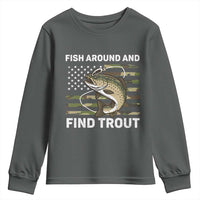 Fish Around and Find Trout Youth Sweatshirt Camo Bass Fishing Meme US Flag Punny Pun Dad - Wonder Print Shop