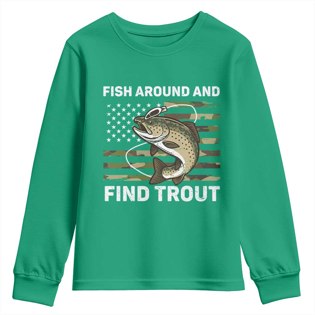 Fish Around and Find Trout Youth Sweatshirt Camo Bass Fishing Meme US Flag Punny Pun Dad - Wonder Print Shop