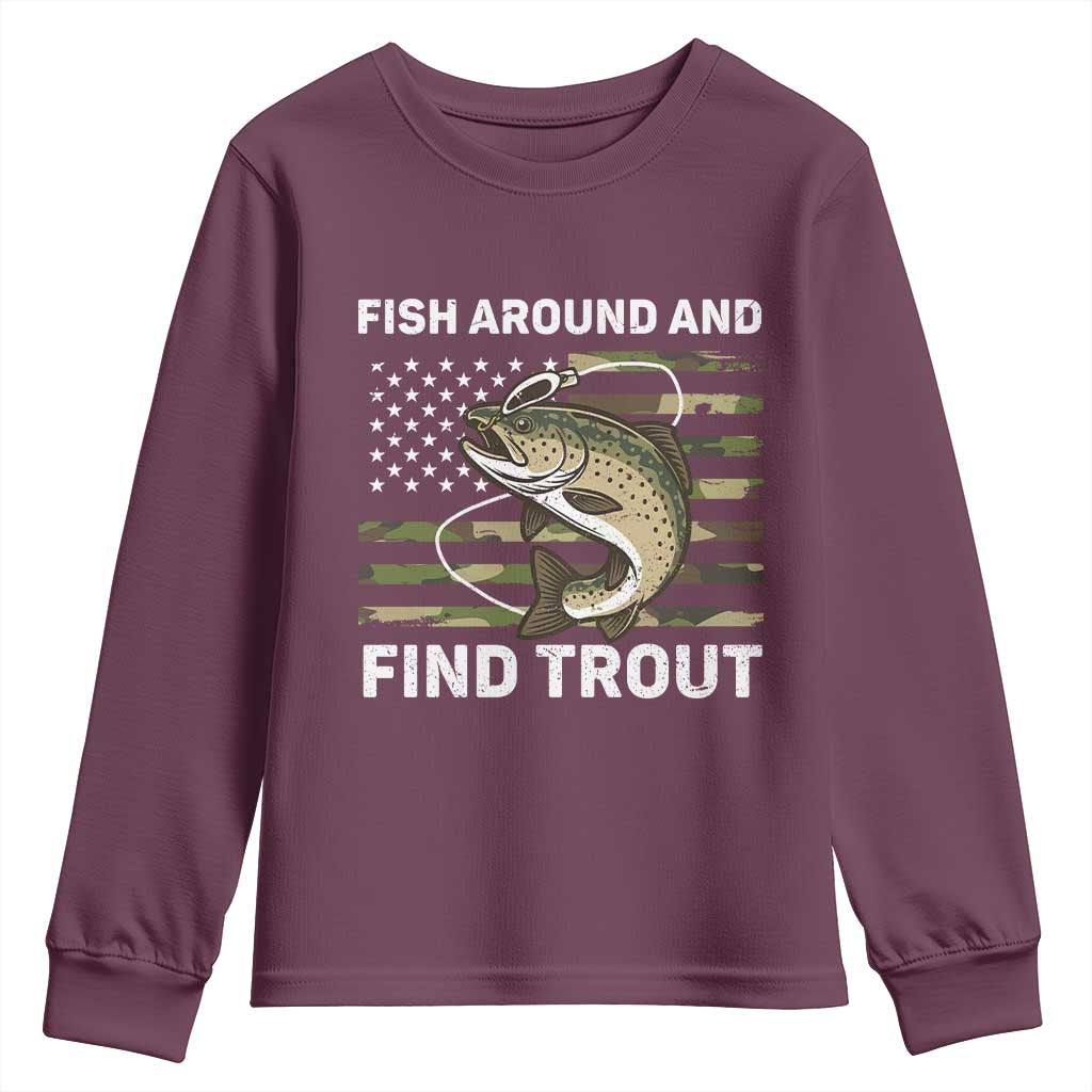 Fish Around and Find Trout Youth Sweatshirt Camo Bass Fishing Meme US Flag Punny Pun Dad - Wonder Print Shop