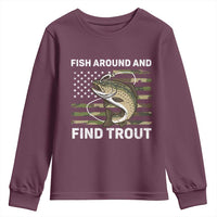 Fish Around and Find Trout Youth Sweatshirt Camo Bass Fishing Meme US Flag Punny Pun Dad - Wonder Print Shop