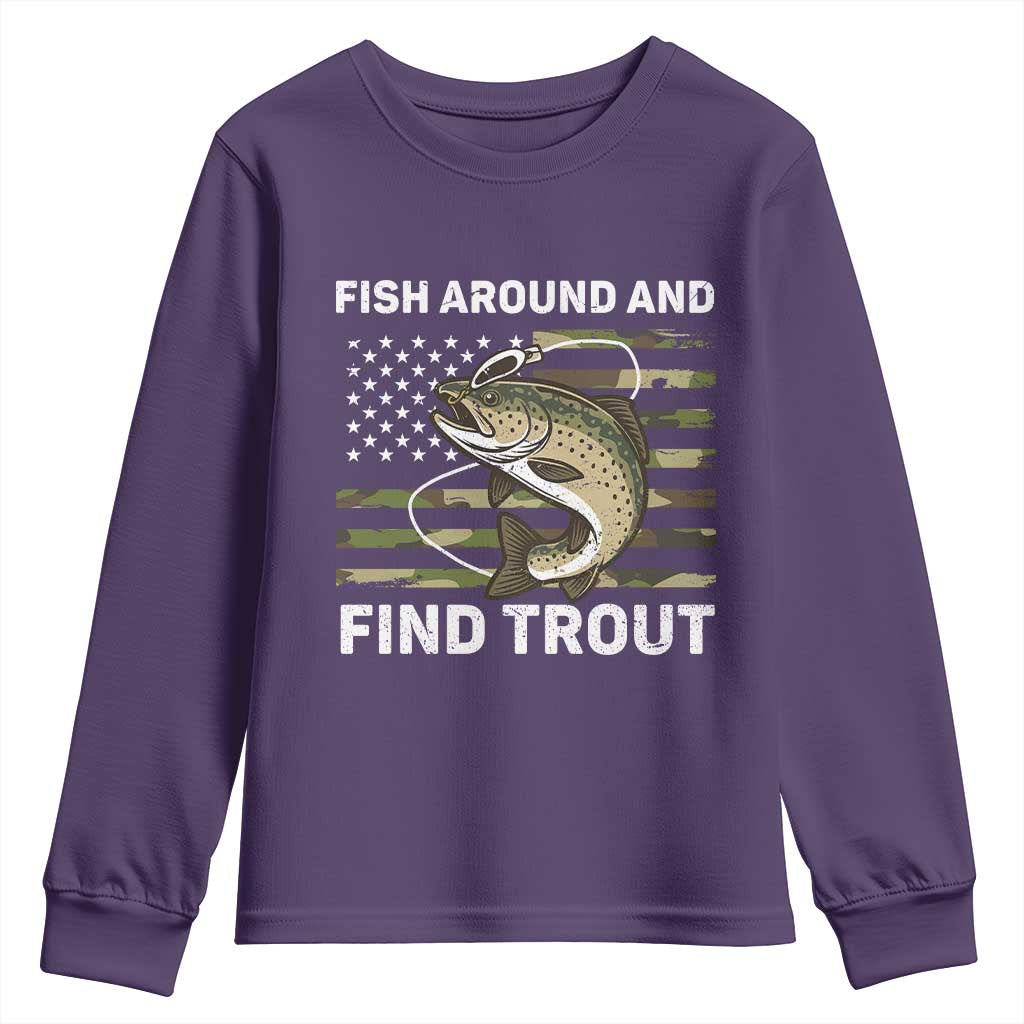 Fish Around and Find Trout Youth Sweatshirt Camo Bass Fishing Meme US Flag Punny Pun Dad - Wonder Print Shop