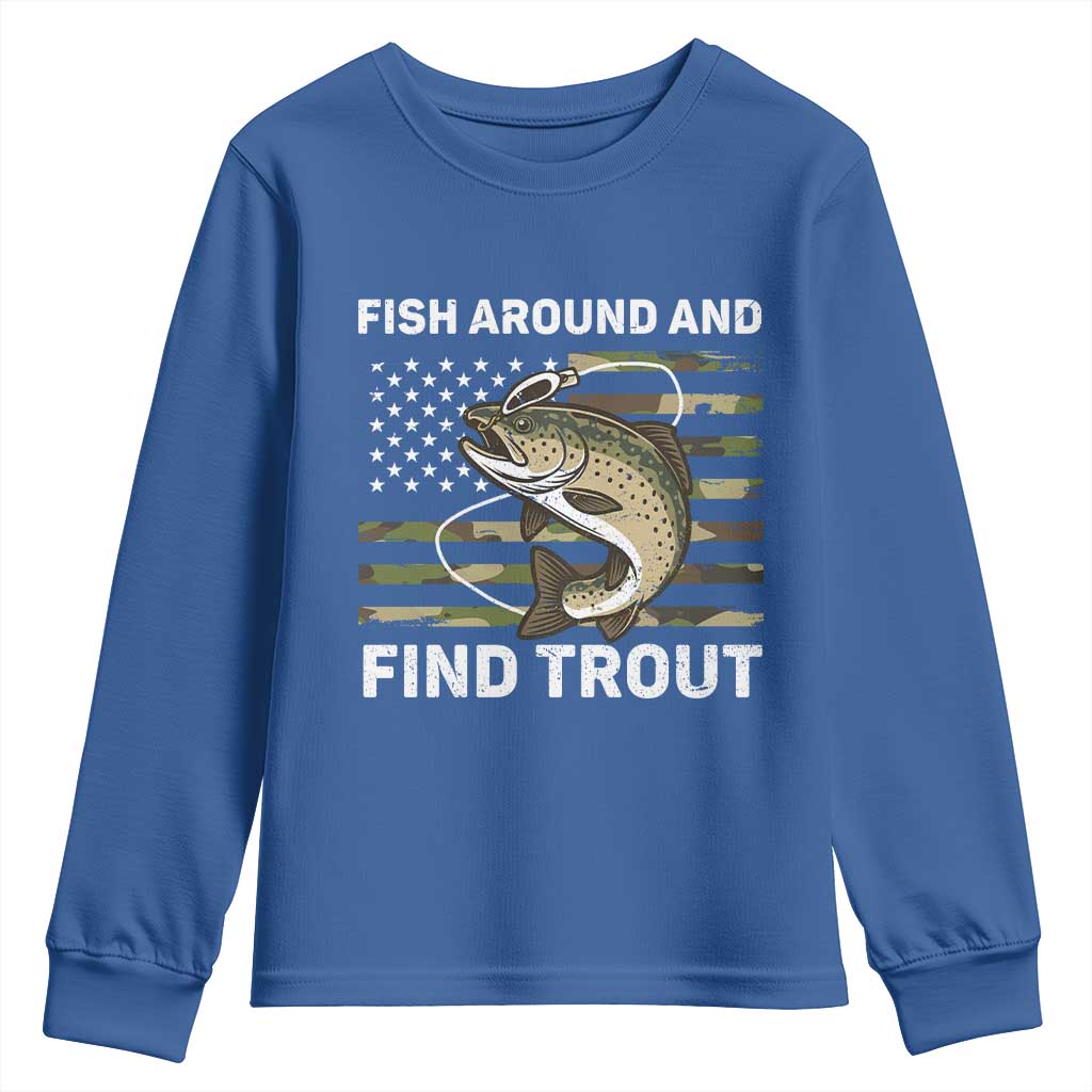 Fish Around and Find Trout Youth Sweatshirt Camo Bass Fishing Meme US Flag Punny Pun Dad - Wonder Print Shop