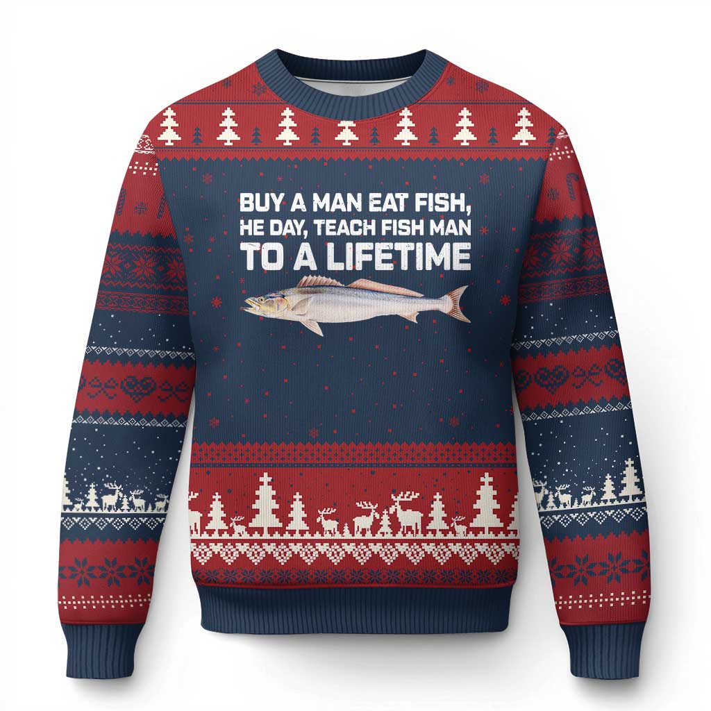Funny Fishing Meme Ugly Christmas Sweater Buy A Man Eat Fish Inappropriate - Wonder Print Shop