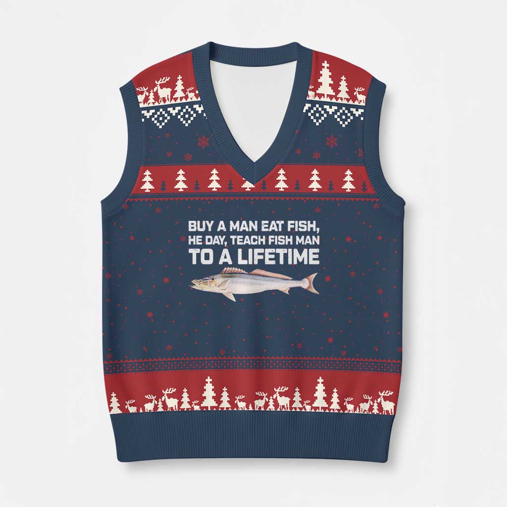 Funny Fishing Meme V-Neck Knit Sweater Vest Buy A Man Eat Fish Inappropriate - Wonder Print Shop