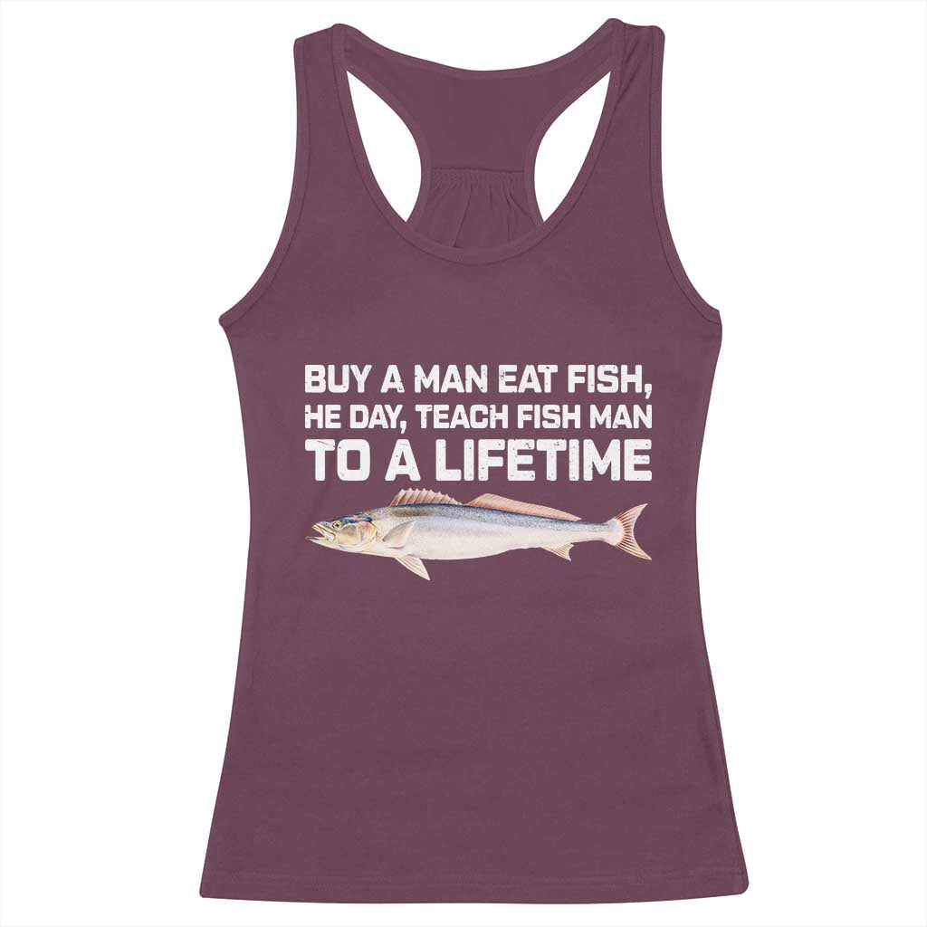 Funny Fishing Meme Racerback Tank Top Buy A Man Eat Fish Inappropriate - Wonder Print Shop