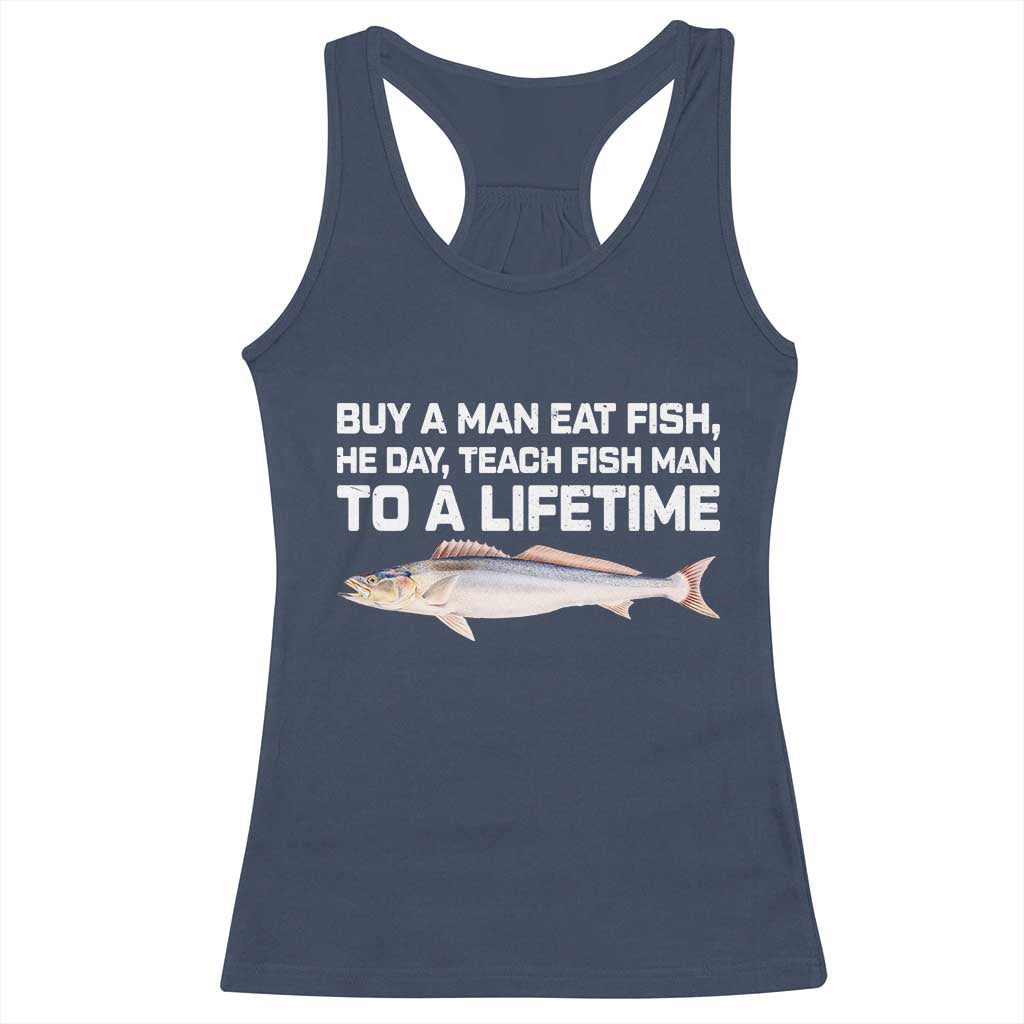 Funny Fishing Meme Racerback Tank Top Buy A Man Eat Fish Inappropriate - Wonder Print Shop
