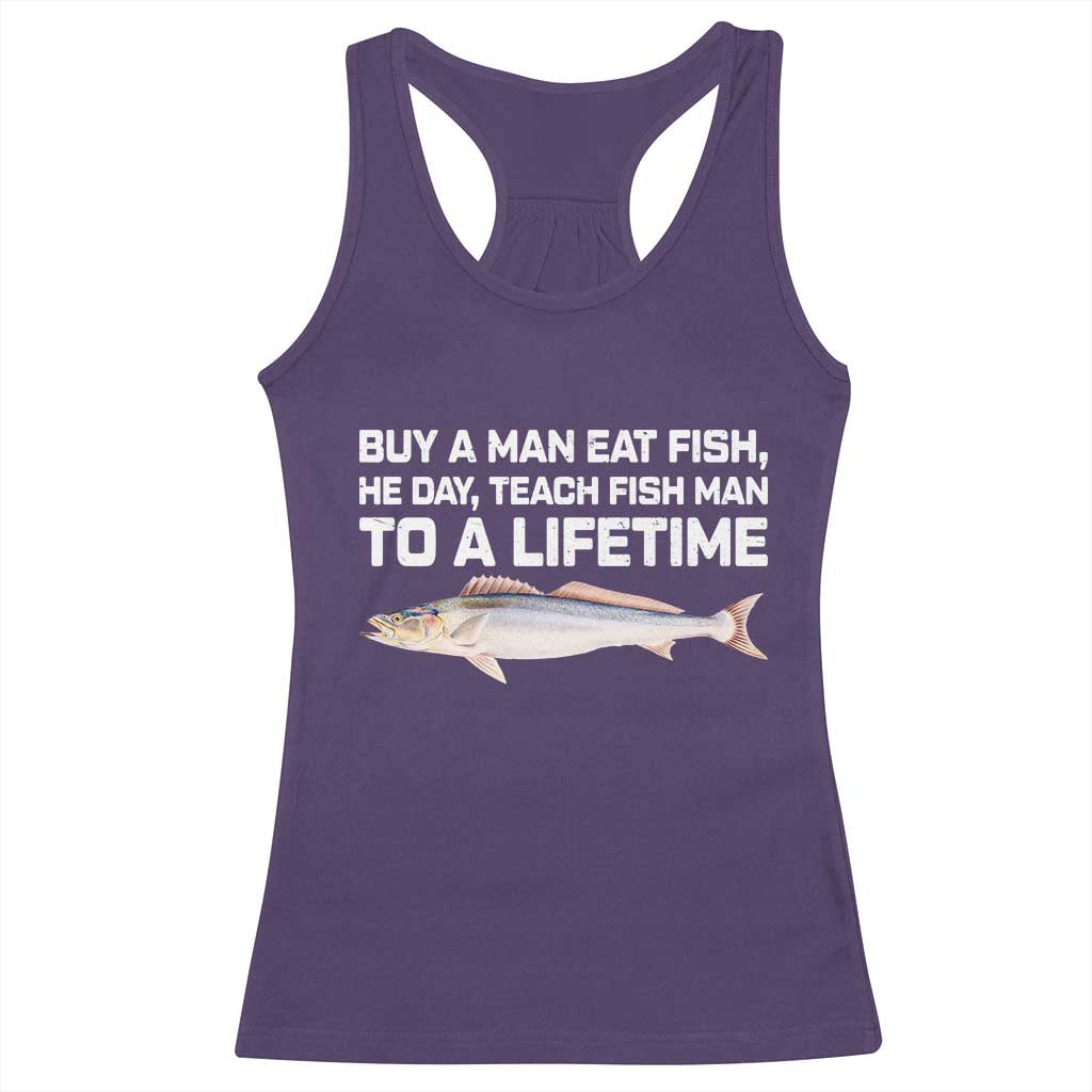 Funny Fishing Meme Racerback Tank Top Buy A Man Eat Fish Inappropriate - Wonder Print Shop