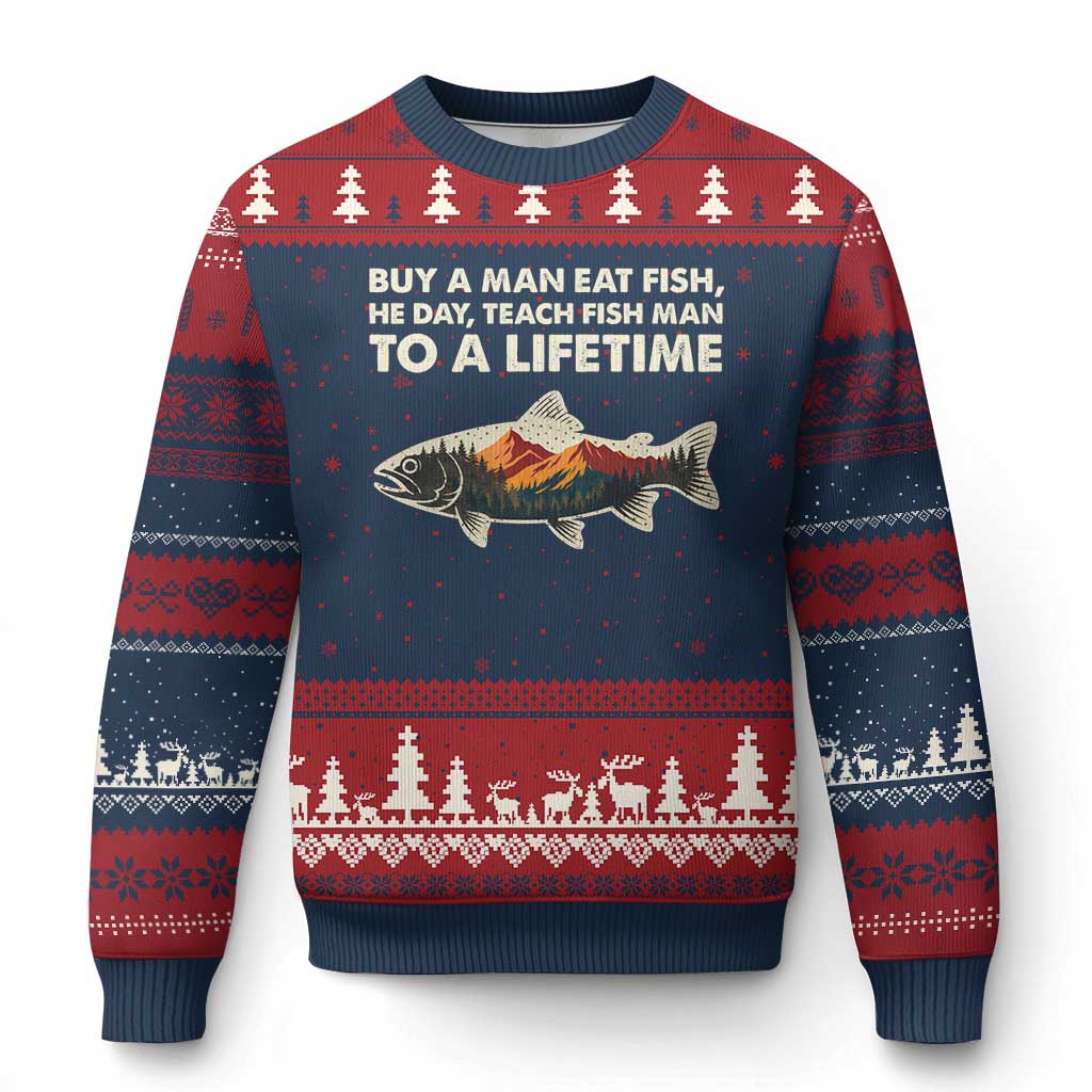 Funny Fishing Meme Ugly Christmas Sweater Vintage Buy A Man Eat Fish Inappropriate - Wonder Print Shop