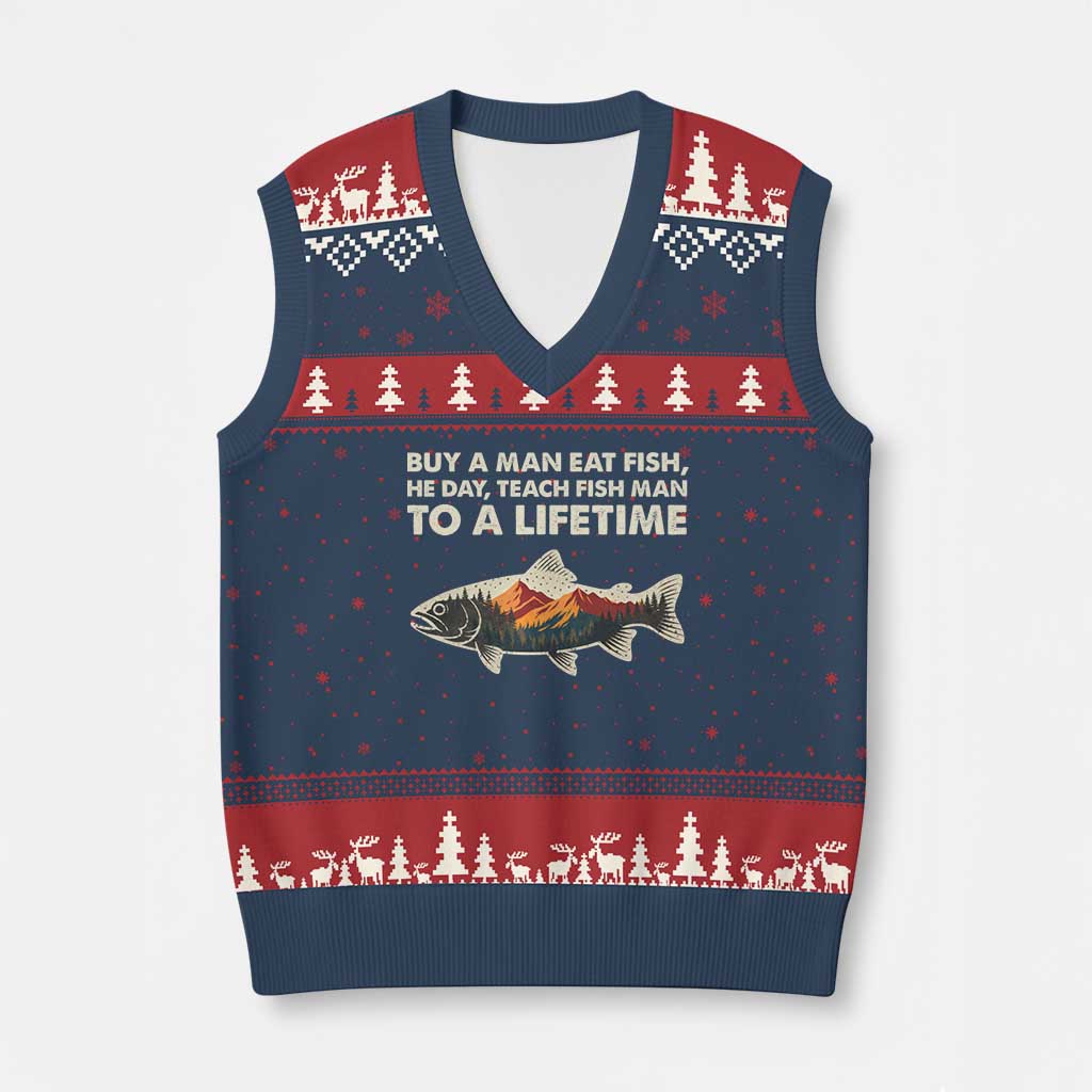 Funny Fishing Meme V-Neck Knit Sweater Vest Vintage Buy A Man Eat Fish Inappropriate - Wonder Print Shop