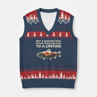 Funny Fishing Meme V-Neck Knit Sweater Vest Vintage Buy A Man Eat Fish Inappropriate - Wonder Print Shop