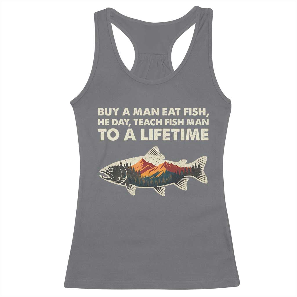Funny Fishing Meme Racerback Tank Top Vintage Buy A Man Eat Fish Inappropriate - Wonder Print Shop