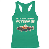 Funny Fishing Meme Racerback Tank Top Vintage Buy A Man Eat Fish Inappropriate - Wonder Print Shop