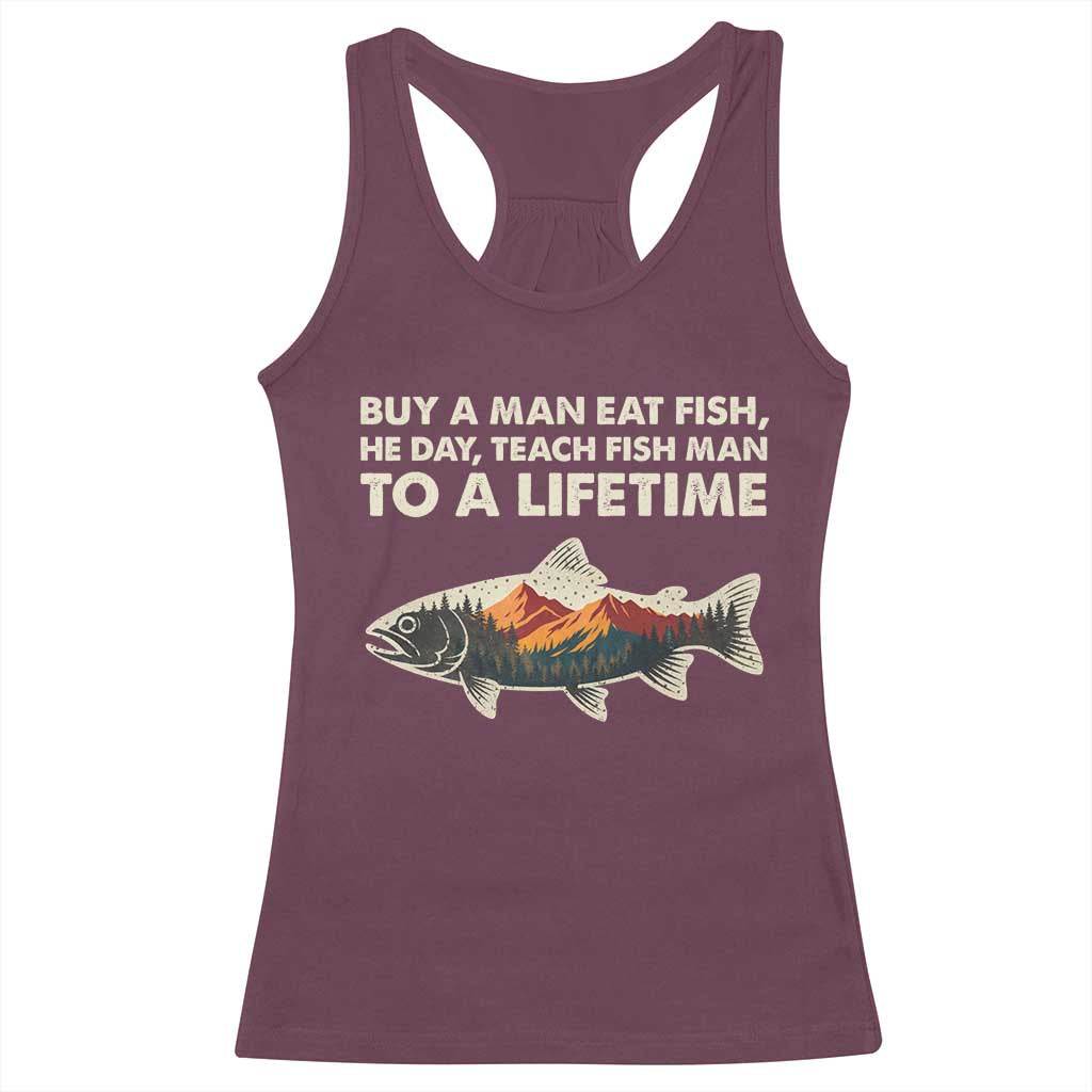 Funny Fishing Meme Racerback Tank Top Vintage Buy A Man Eat Fish Inappropriate - Wonder Print Shop