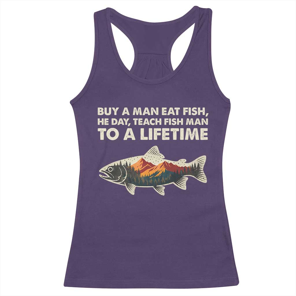 Funny Fishing Meme Racerback Tank Top Vintage Buy A Man Eat Fish Inappropriate - Wonder Print Shop