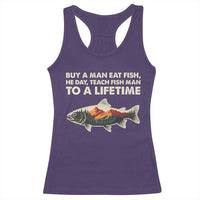 Funny Fishing Meme Racerback Tank Top Vintage Buy A Man Eat Fish Inappropriate - Wonder Print Shop