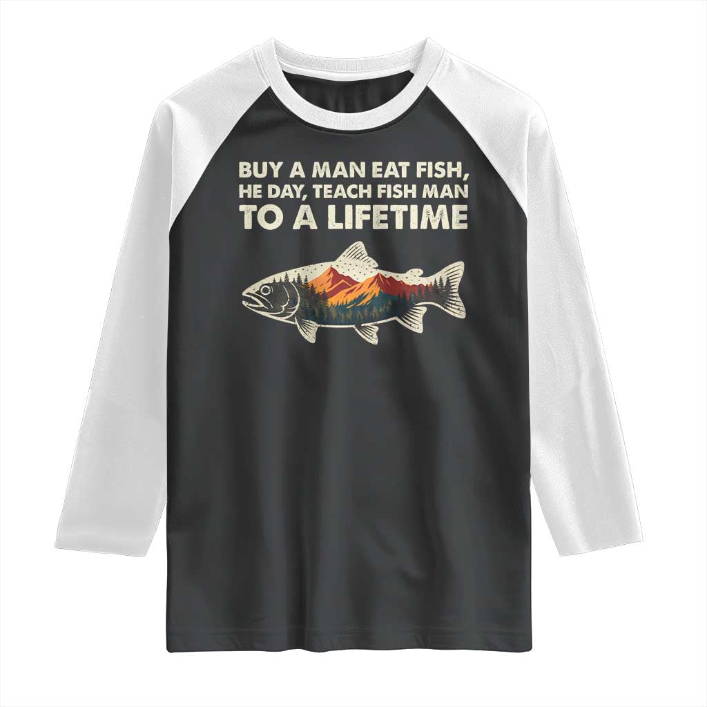 Funny Fishing Meme Raglan Shirt Vintage Buy A Man Eat Fish Inappropriate - Wonder Print Shop