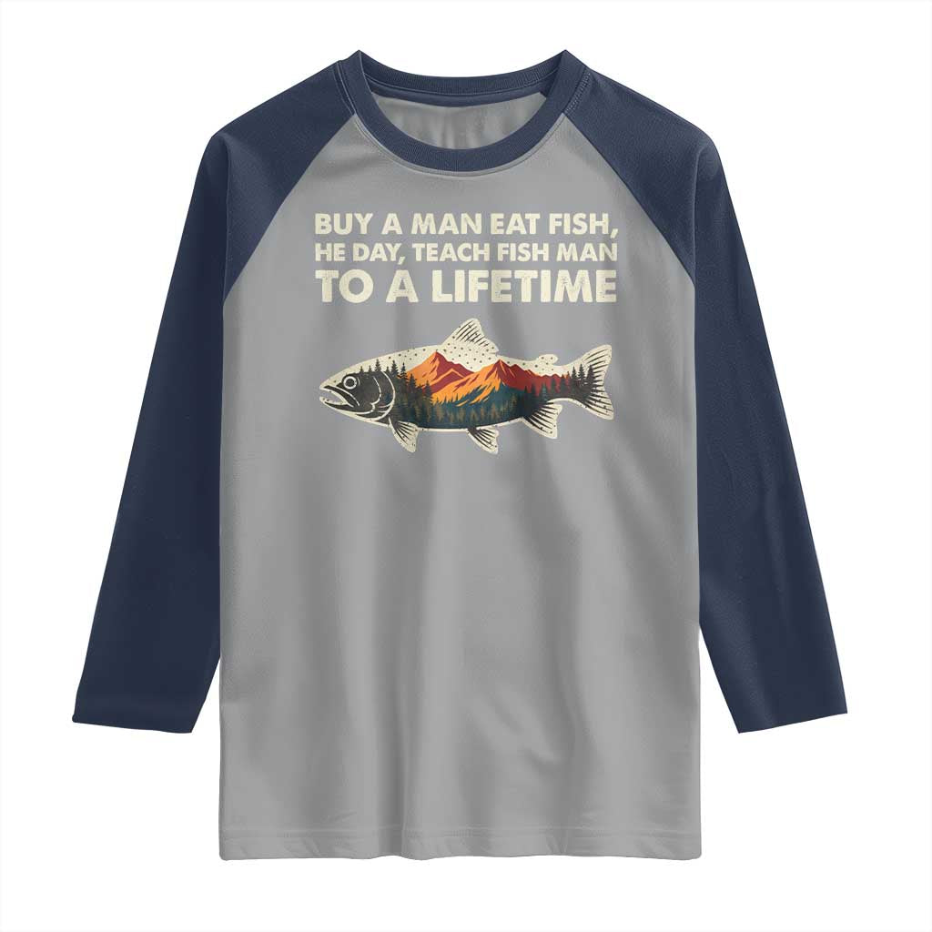 Funny Fishing Meme Raglan Shirt Vintage Buy A Man Eat Fish Inappropriate - Wonder Print Shop